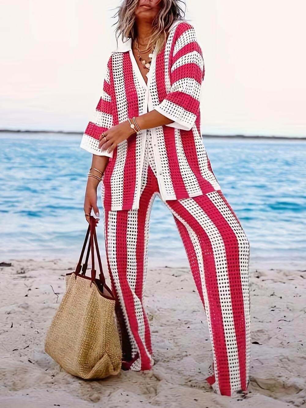 Loose V-Neck Fashion Hollow Out Striped Shirt Wide Leg Pants Set - Milafashion-se.com