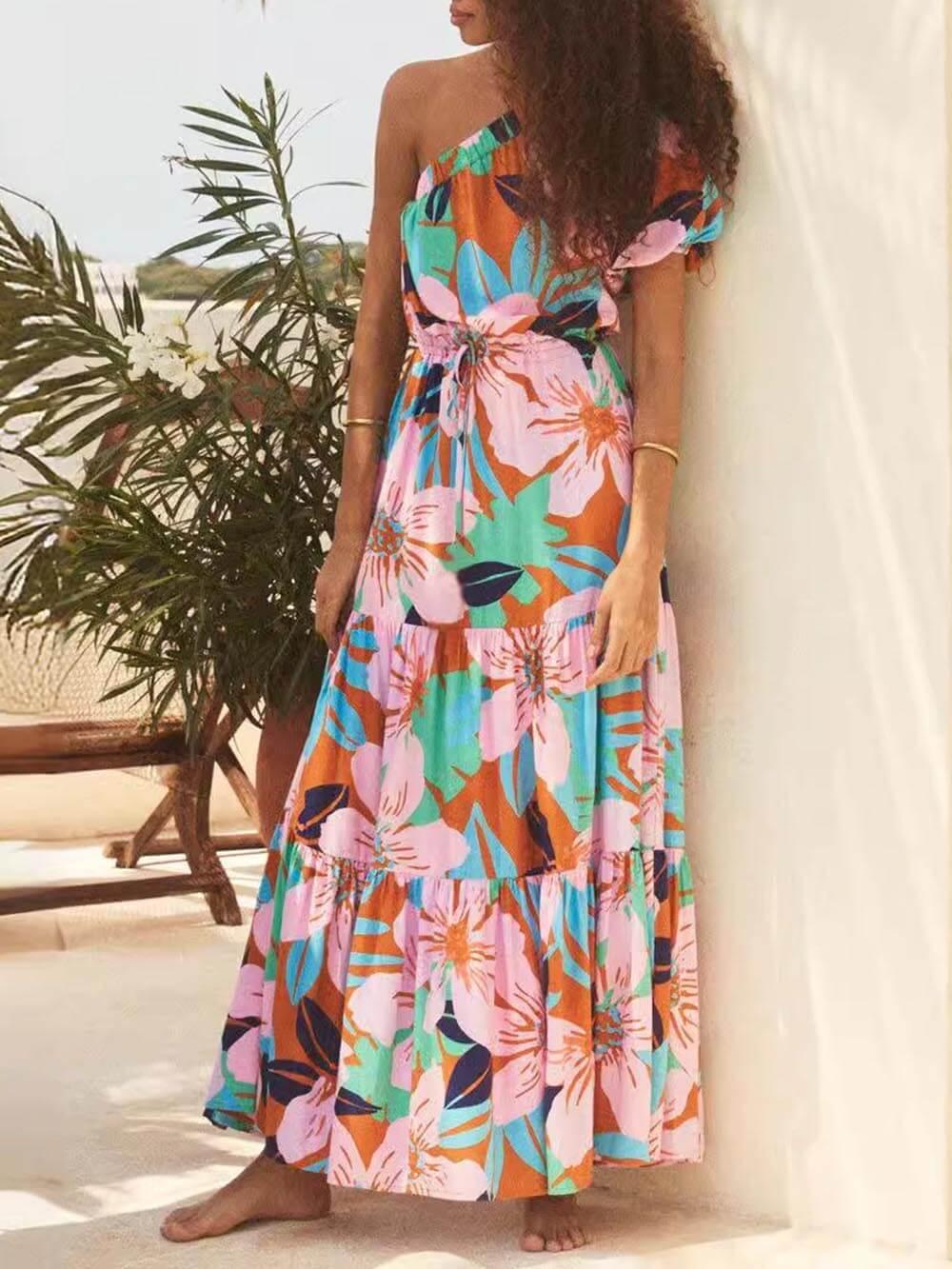 Off-Shoulder Palm Leaf Print Holiday Style Floral Dress - Milafashion-se.com