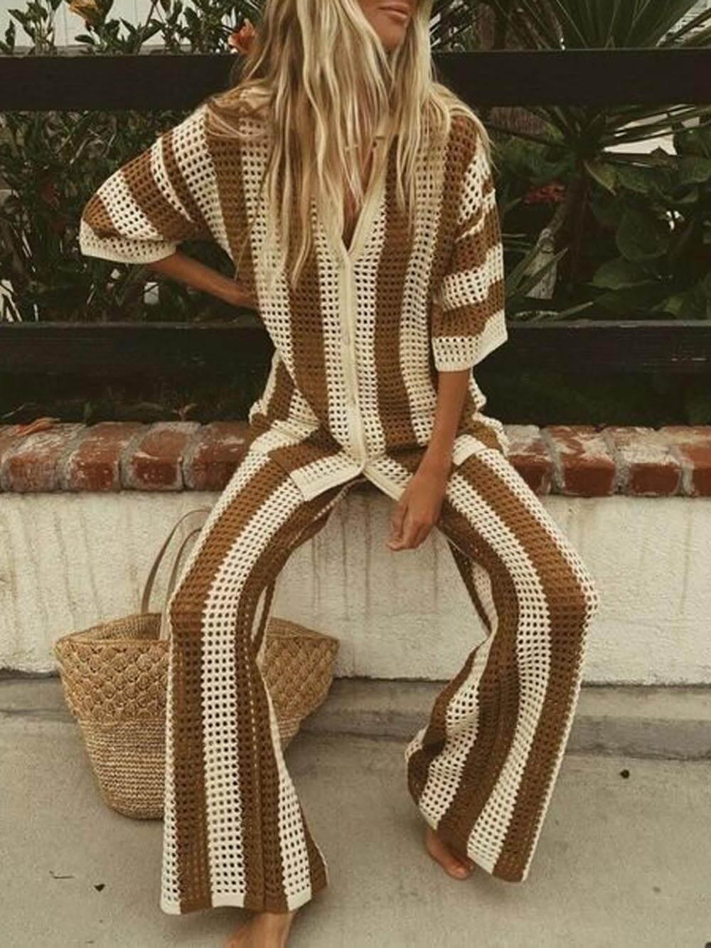 Loose V-Neck Fashion Hollow Out Striped Shirt Wide Leg Pants Set - Milafashion-se.com