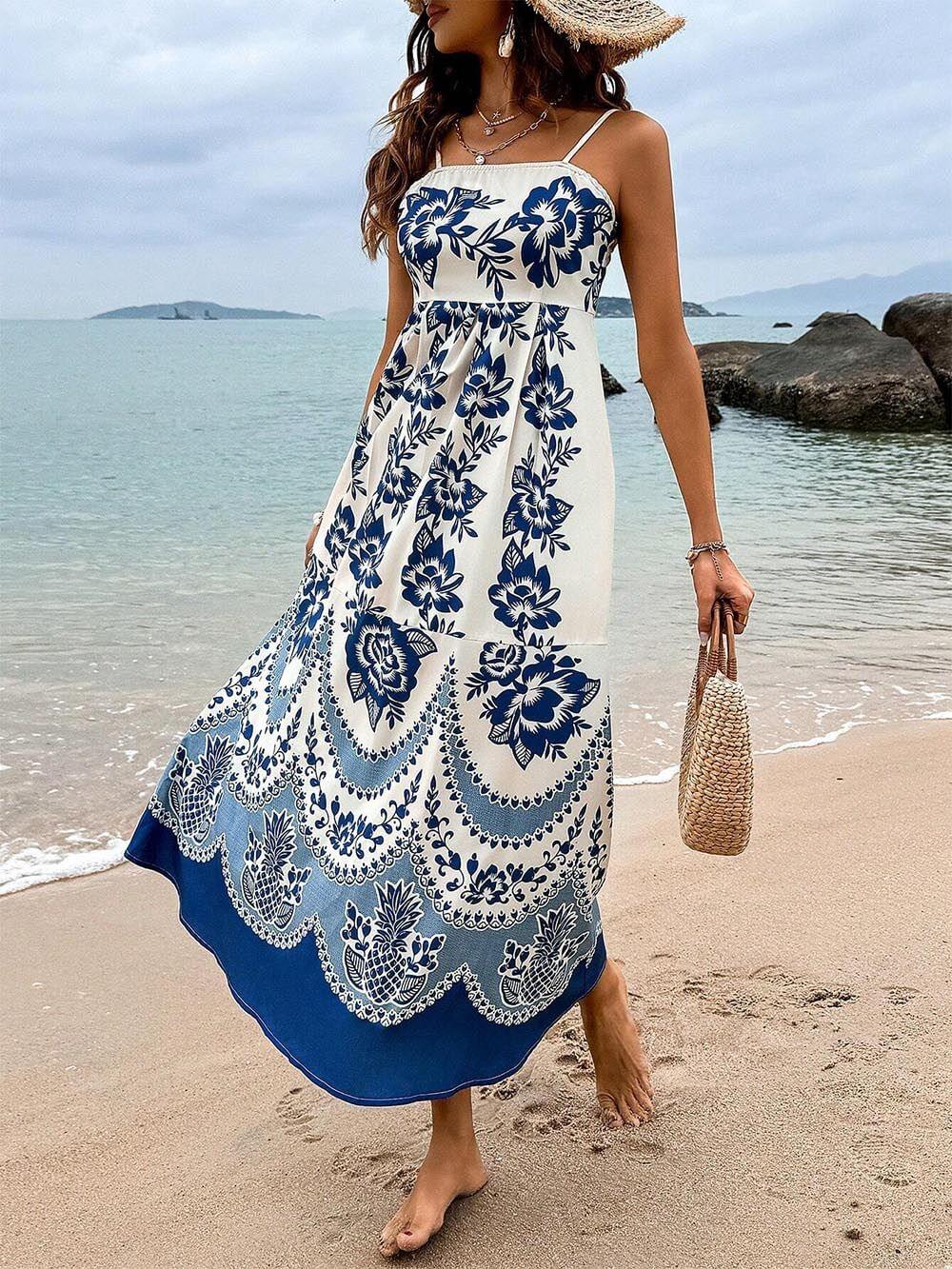 Ethnic Floral Print Back Smocked Loose Midi Dress - Milafashion-se.com