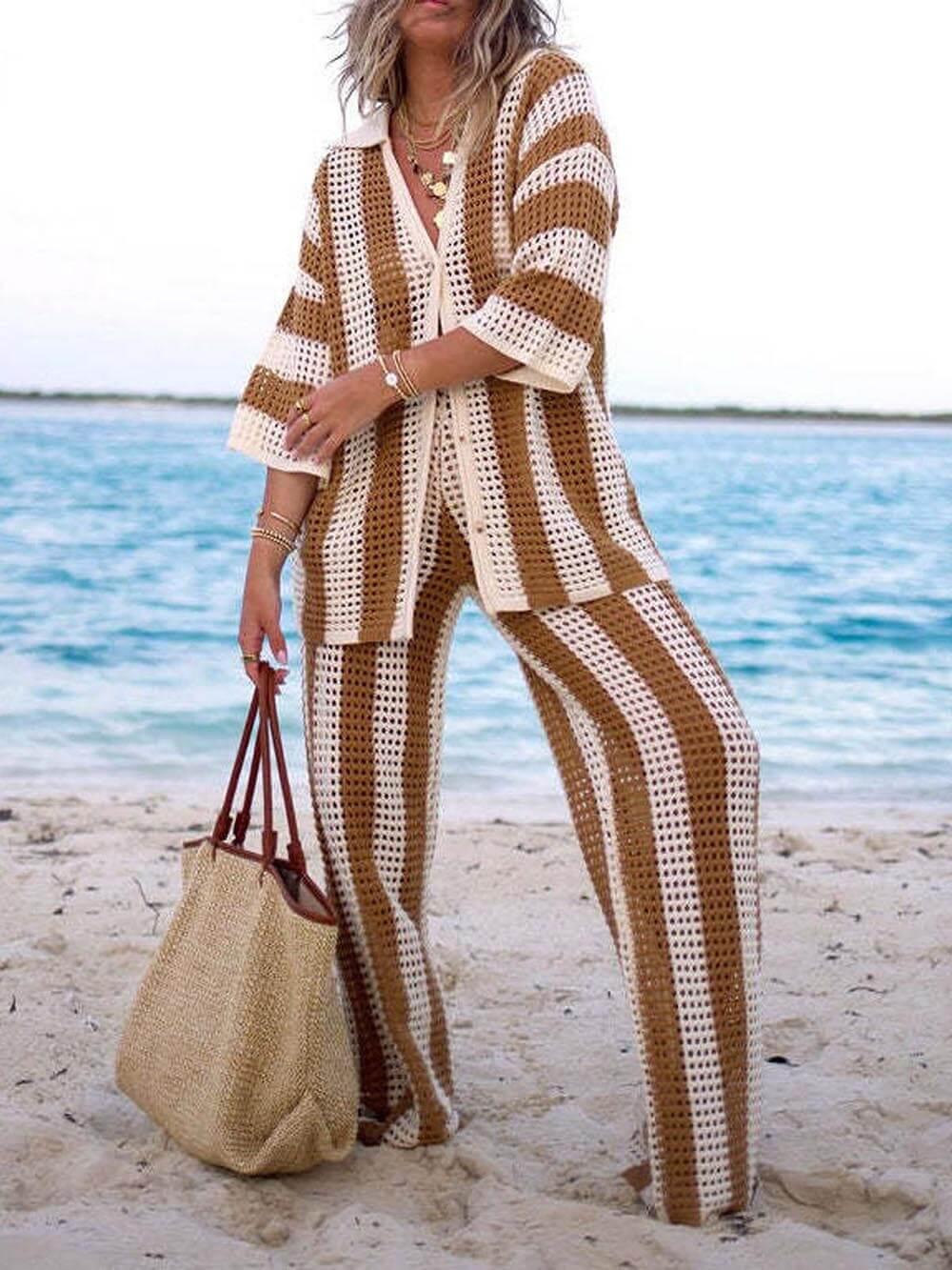 Loose V-Neck Fashion Hollow Out Striped Shirt Wide Leg Pants Set - Milafashion-se.com