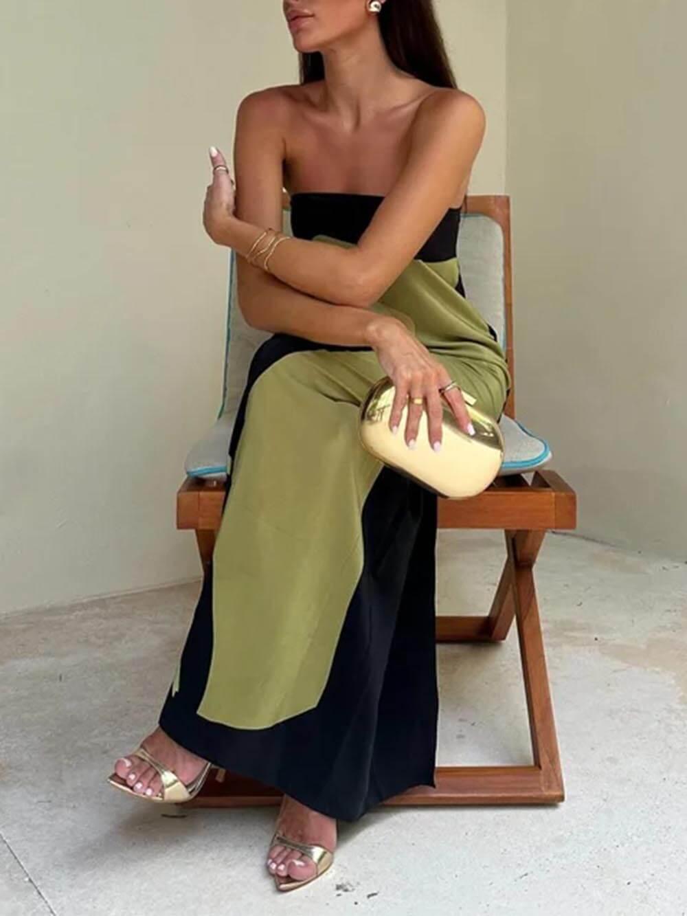 Off Shoulder Fashion Contrast Sleeveless Printed Maxi Dress - Milafashion-se.com