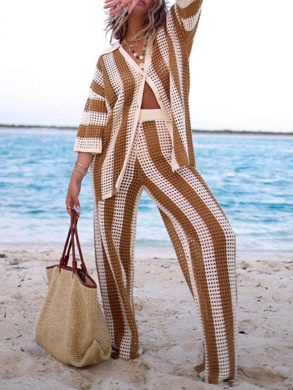 Loose V-Neck Fashion Hollow Out Striped Shirt Wide Leg Pants Set - Milafashion-se.com