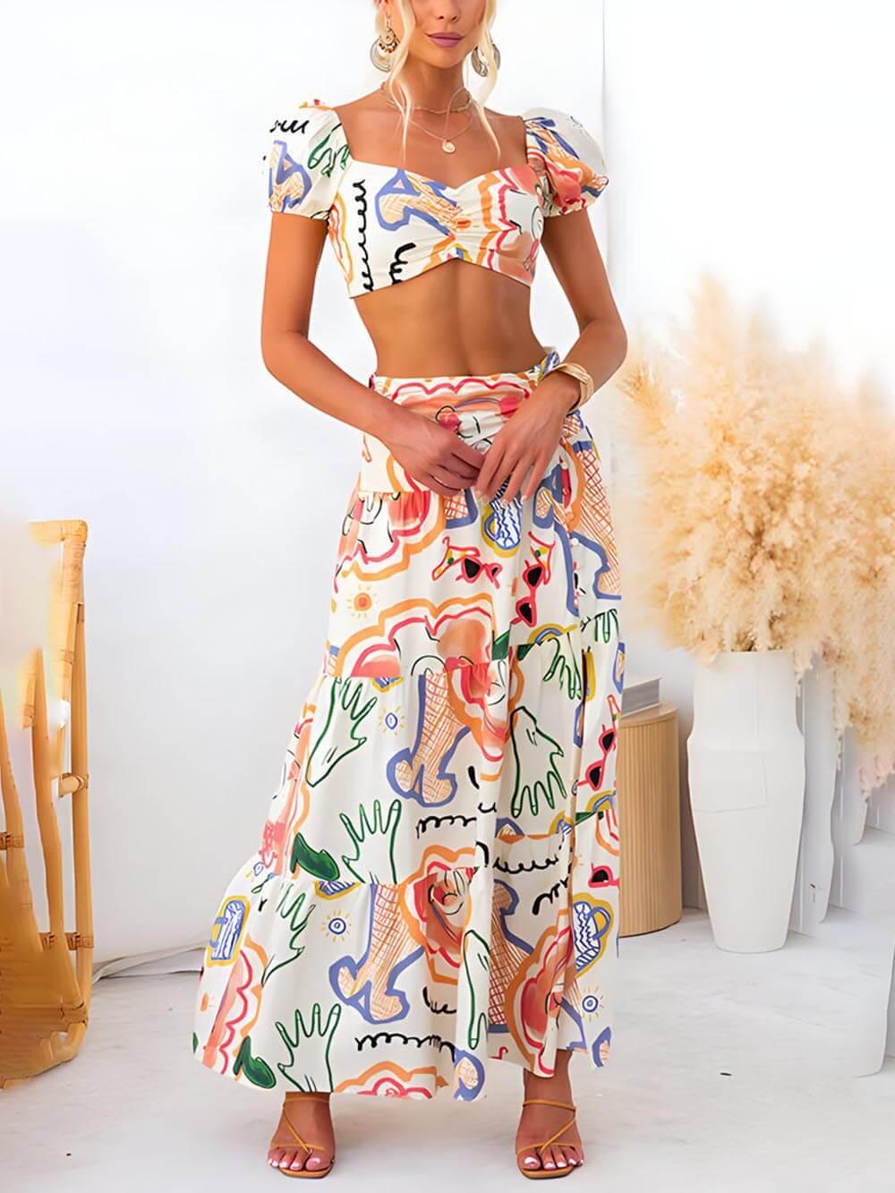 Wrap Summer Skirt And Printed Top Two-Piece Suit - Milafashion-se.com