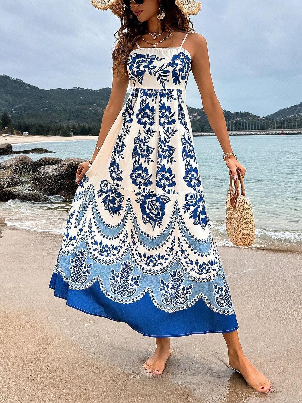 Ethnic Floral Print Back Smocked Loose Midi Dress - Milafashion-se.com
