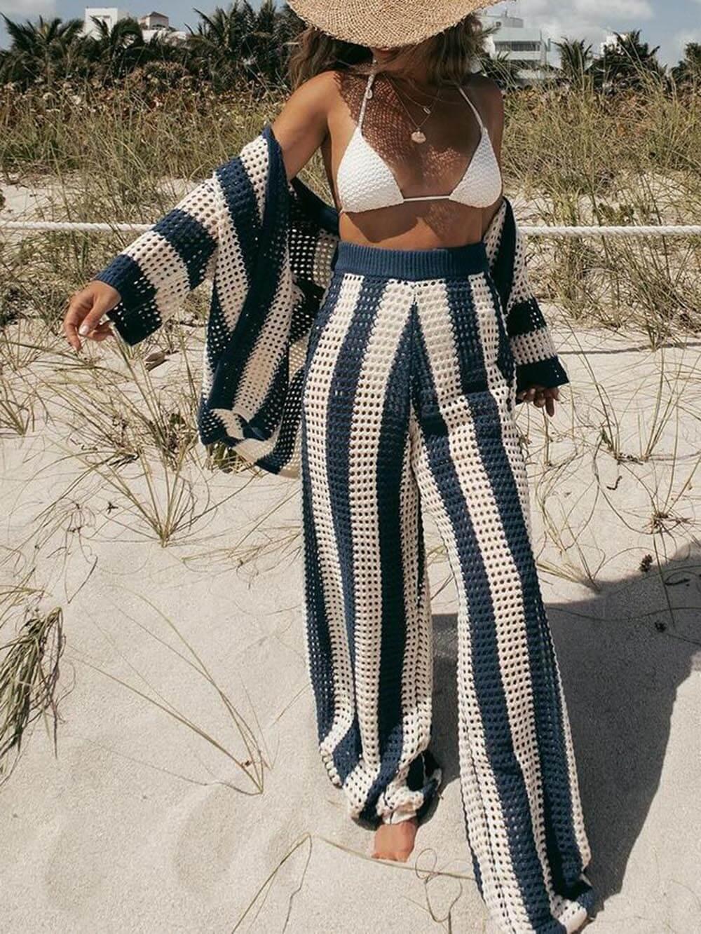 Loose V-Neck Fashion Hollow Out Striped Shirt Wide Leg Pants Set - Milafashion-se.com