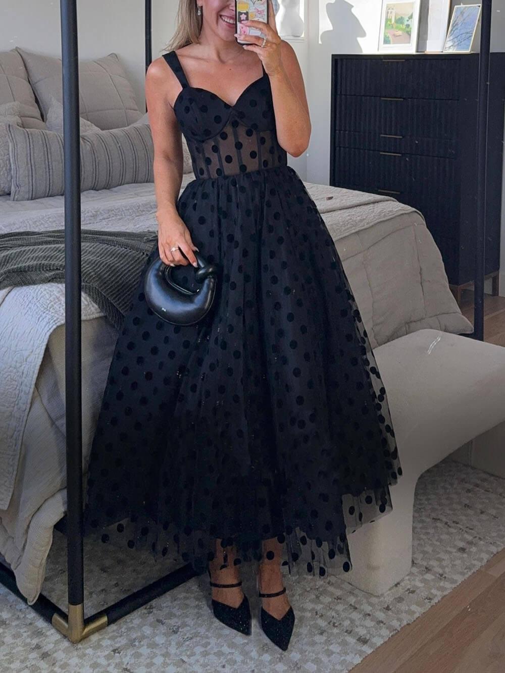 Exquisite Perfect Tulle Polka Dot Sweetheart Bustier A-Line Midi Dress - Milafashion-se.com