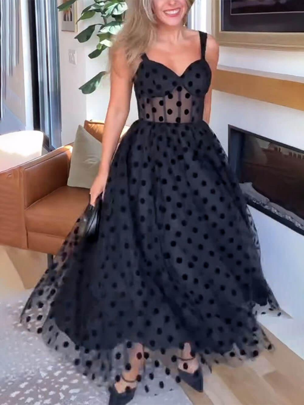 Exquisite Perfect Tulle Polka Dot Sweetheart Bustier A-Line Midi Dress - Milafashion-se.com