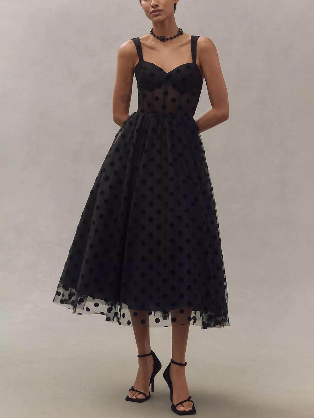 Exquisite Perfect Tulle Polka Dot Sweetheart Bustier A-Line Midi Dress - Milafashion-se.com