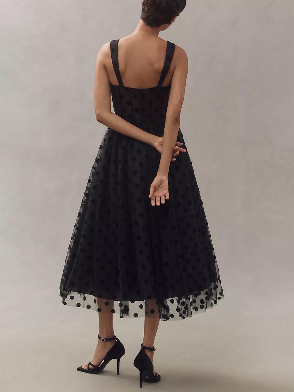 Exquisite Perfect Tulle Polka Dot Sweetheart Bustier A-Line Midi Dress - Milafashion-se.com