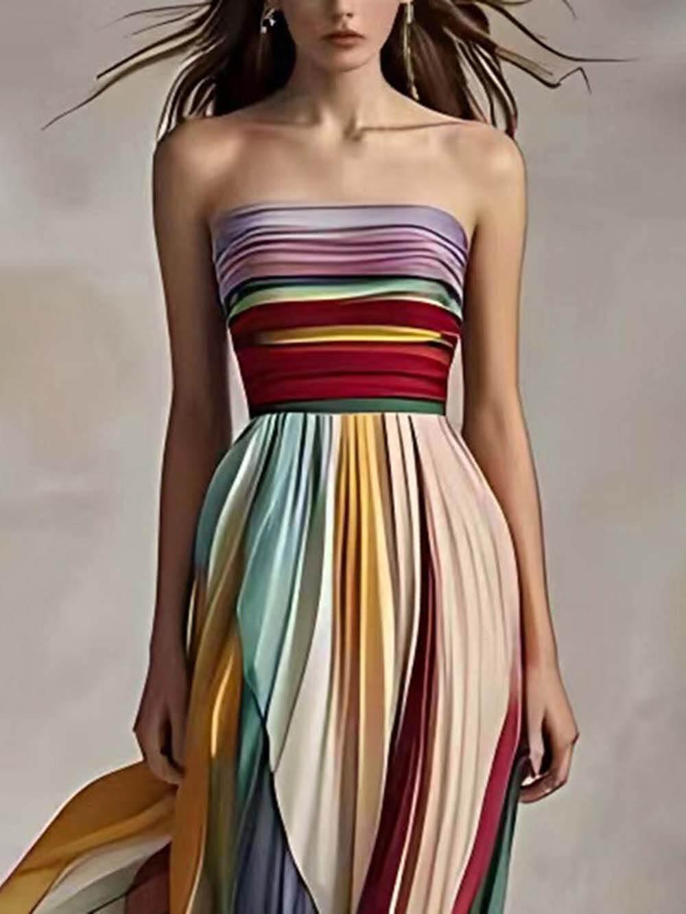 Elegant Striped Printed Off-shoulder Pleated Bandeau Maxi Dress - Milafashion-se.com