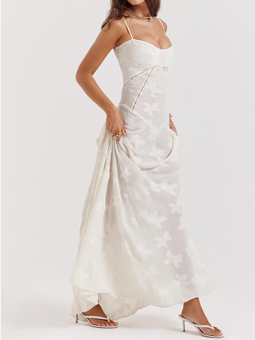 Vintage Cream Floral Lace Back Maxi Dress - Milafashion-se.com