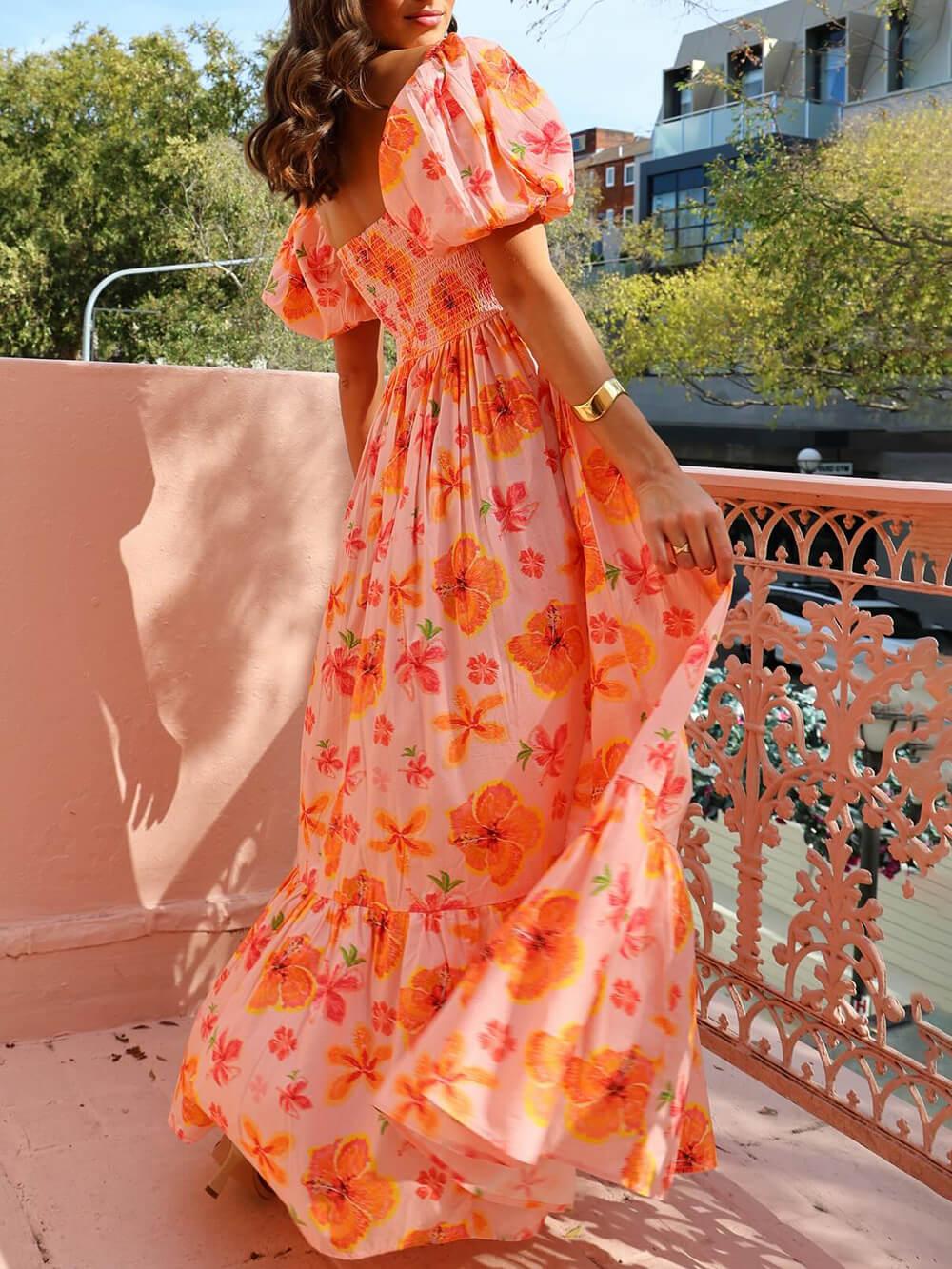 Puff Sleeve Floral Print Back Smocked Pocket Maxi Dress - Milafashion-se.com