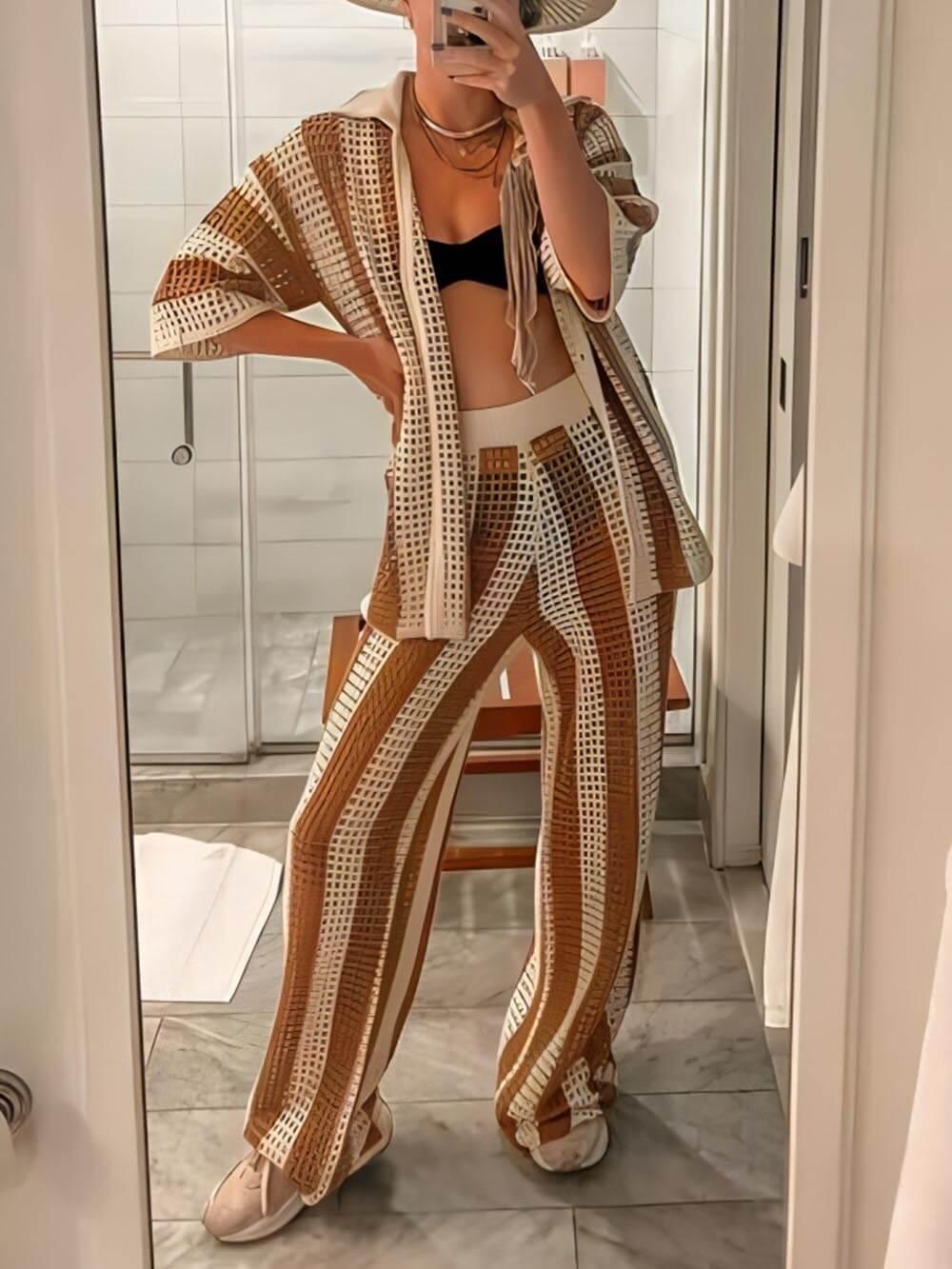 Loose V-Neck Fashion Hollow Out Striped Shirt Wide Leg Pants Set - Milafashion-se.com