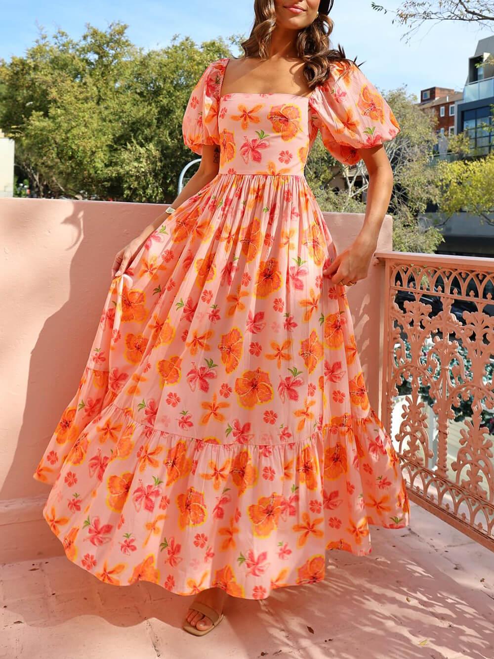 Puff Sleeve Floral Print Back Smocked Pocket Maxi Dress - Milafashion-se.com