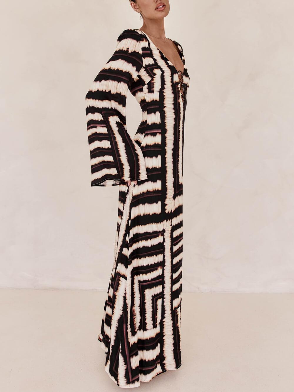 Flattering V-Neckline Unique Printed V Tie Ring Maxi Dress - Milafashion-se.com
