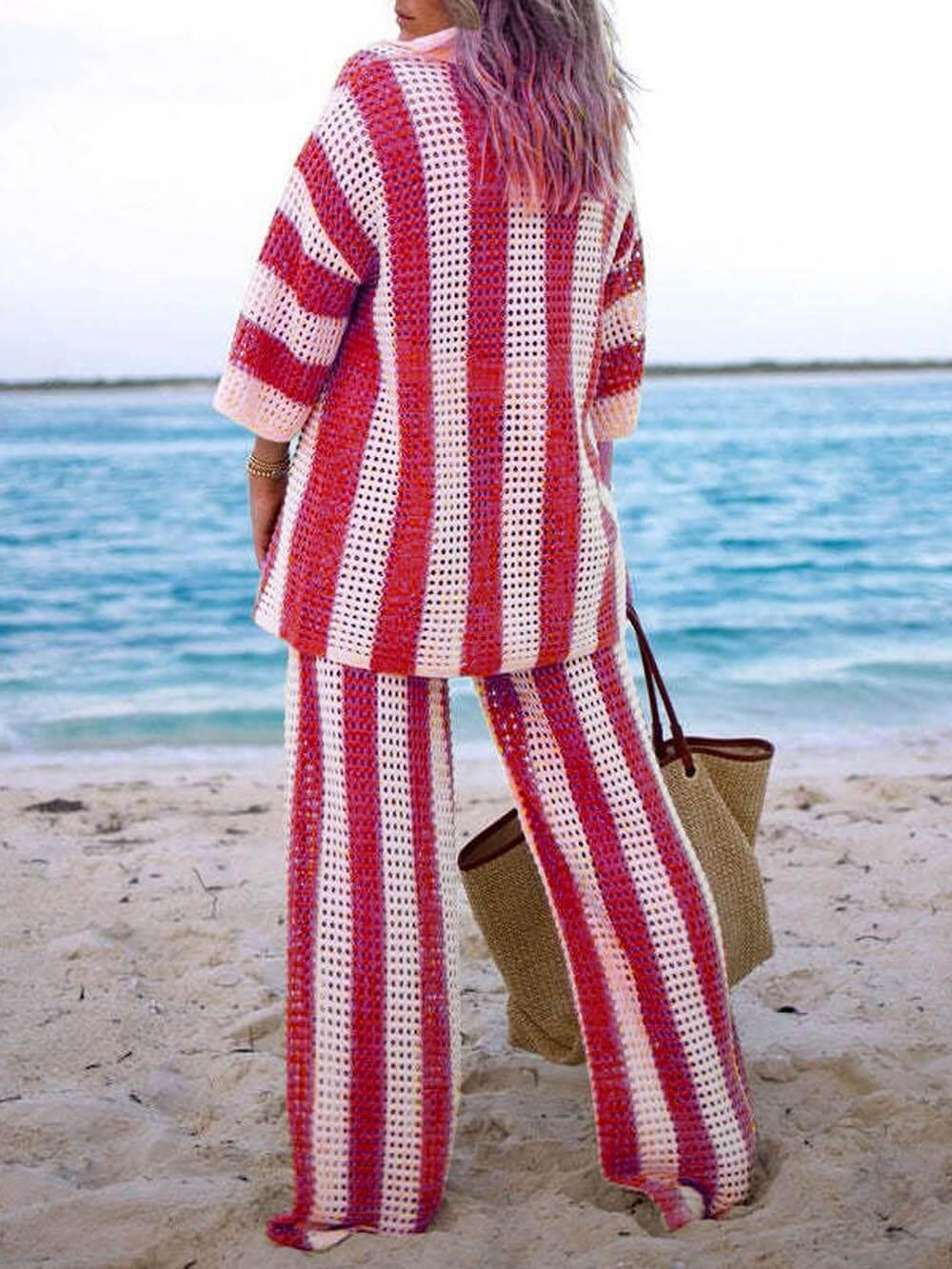 Loose V-Neck Fashion Hollow Out Striped Shirt Wide Leg Pants Set - Milafashion-se.com