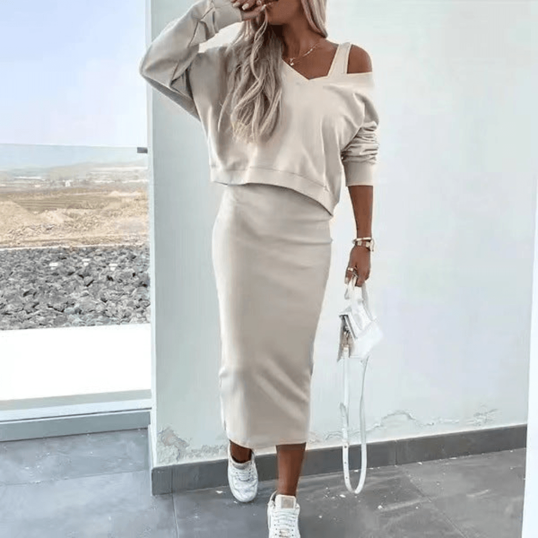 BEIGE KLÄNNING OCH SWEATSHIRT SET