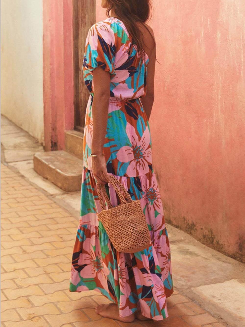 Off-Shoulder Palm Leaf Print Holiday Style Floral Dress - Milafashion-se.com