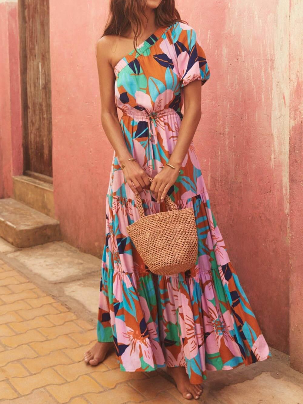 Off-Shoulder Palm Leaf Print Holiday Style Floral Dress - Milafashion-se.com