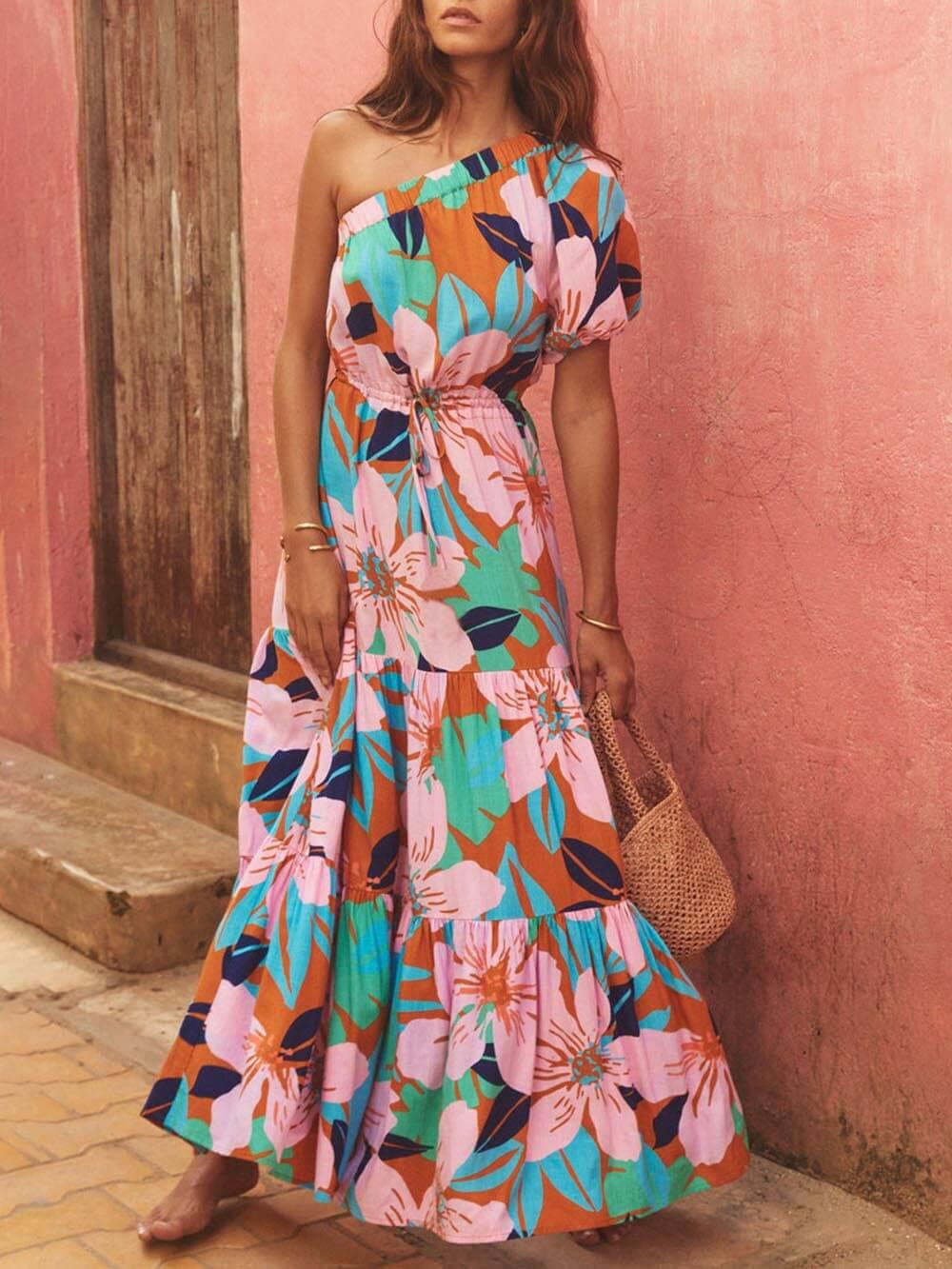 Off-Shoulder Palm Leaf Print Holiday Style Floral Dress - Milafashion-se.com