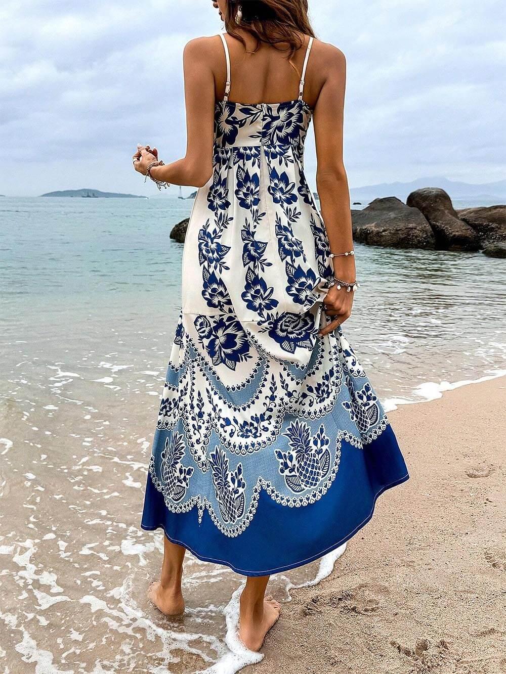 Ethnic Floral Print Back Smocked Loose Midi Dress - Milafashion-se.com