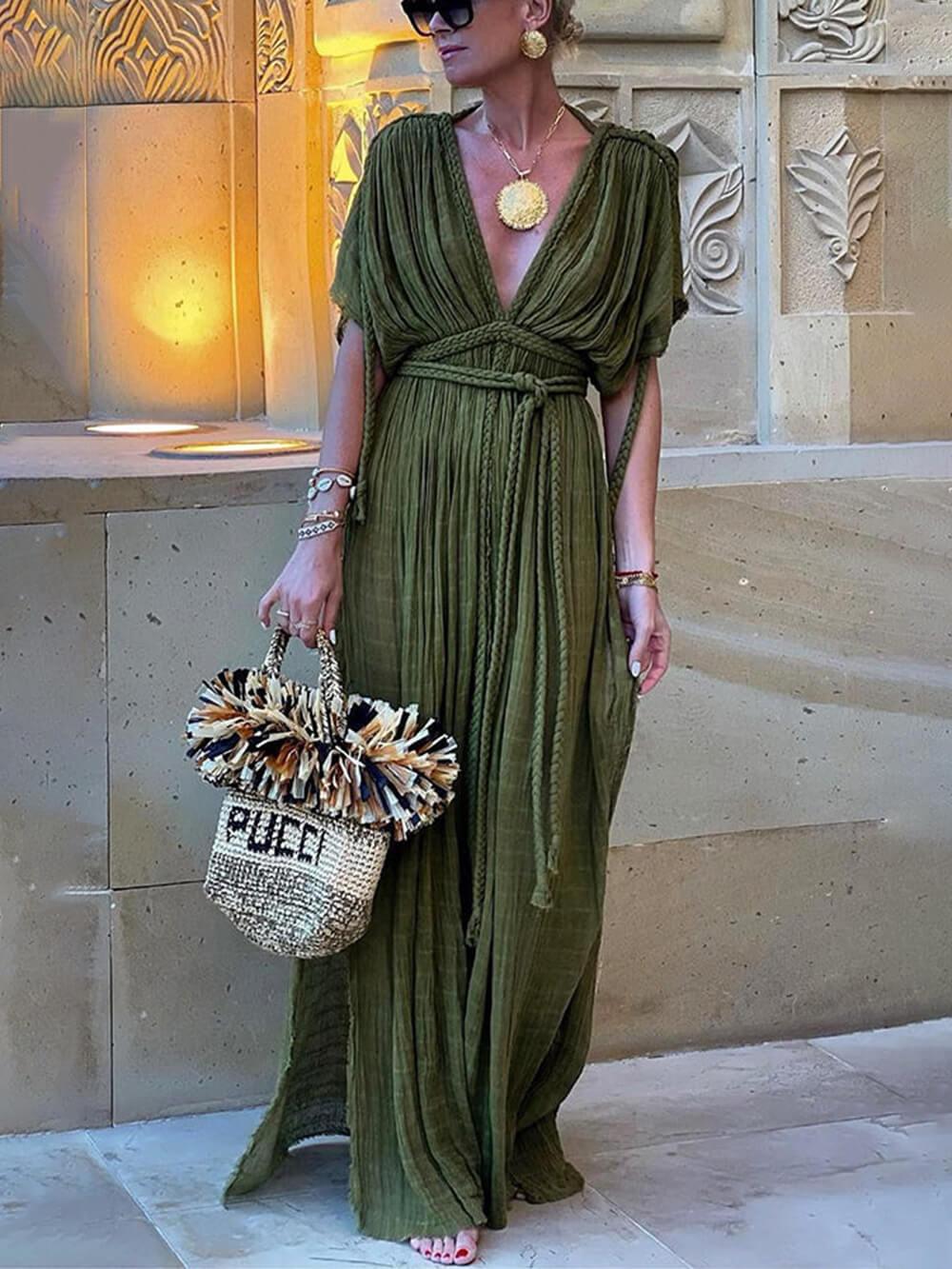 Kimono Draped Braids Cover Up Slit Maxi Dress - Milafashion-se.com