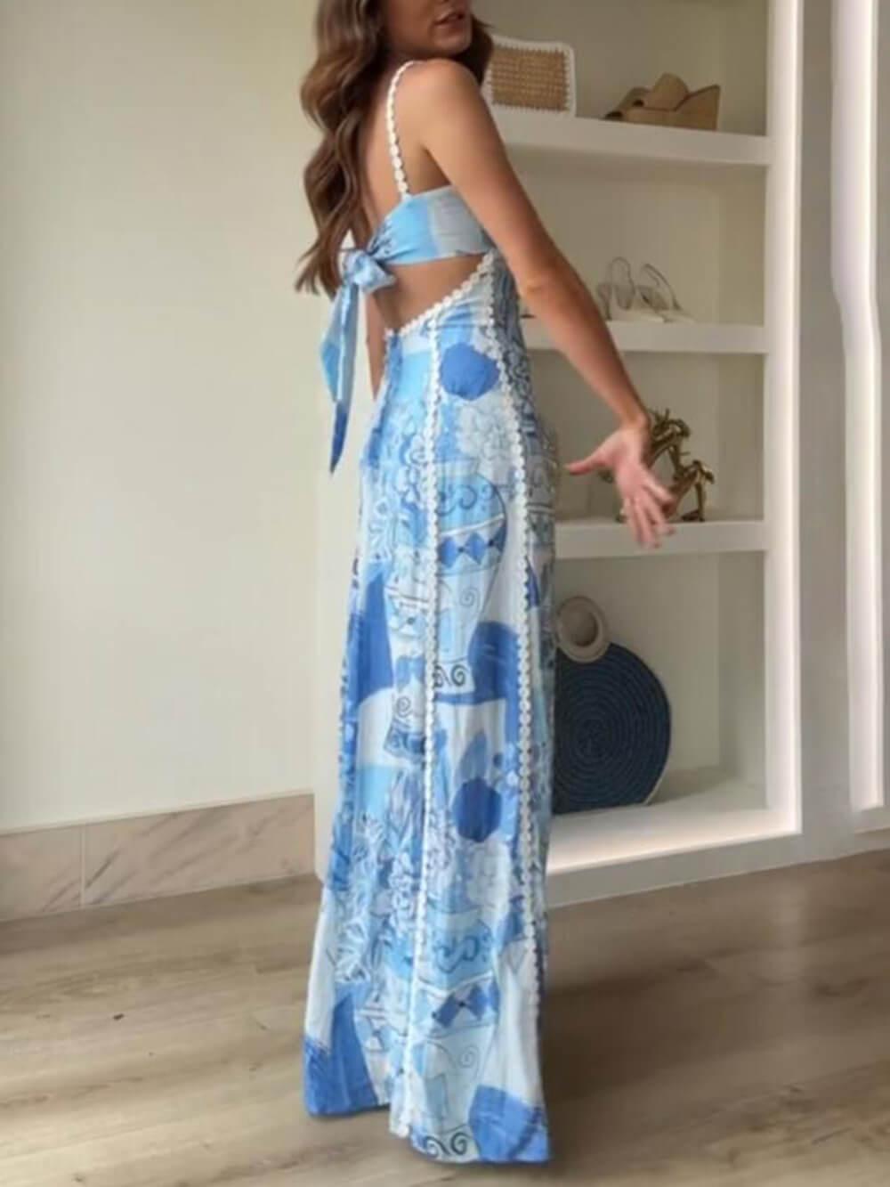 Halter Straps Lace Patchwork Printed Back Tie Halter Flare Maxi Dresses - Milafashion-se.com