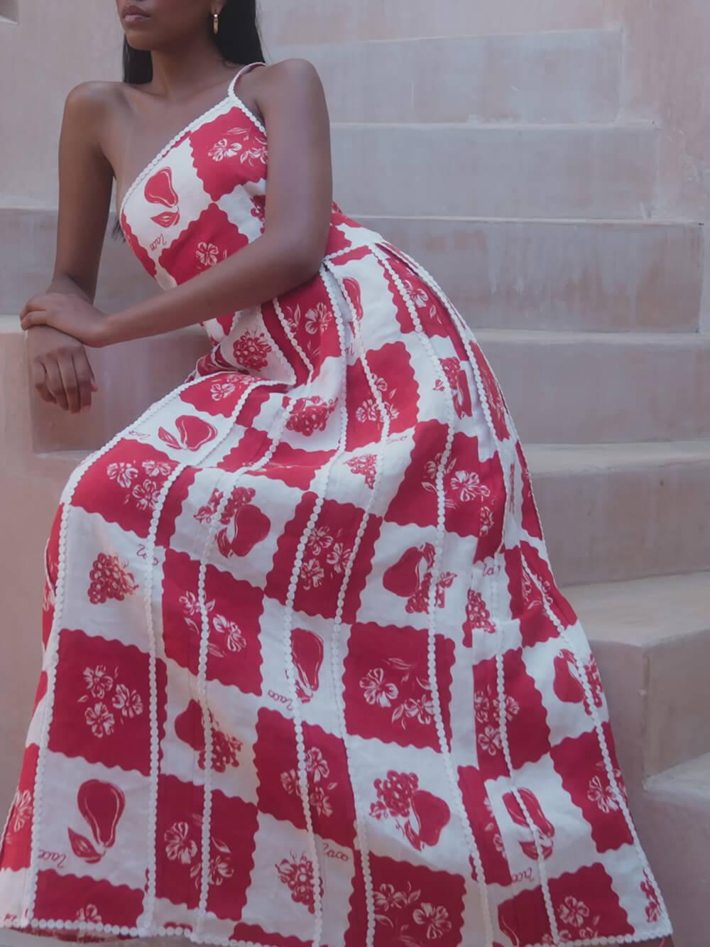 Unique Printed Floral Trim One Shoulder Flared Maxi Dress - Milafashion-se.com