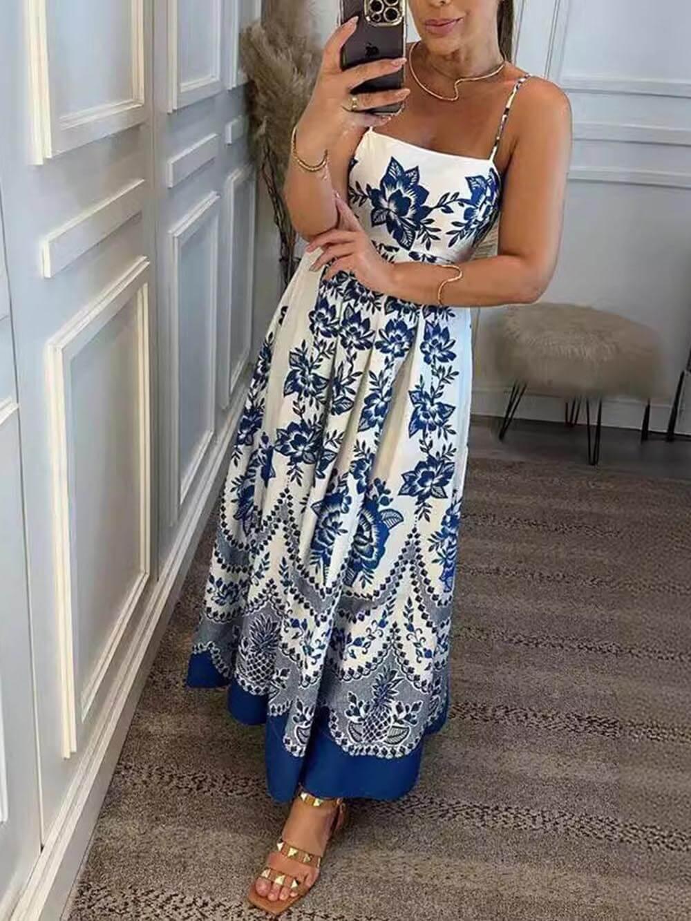 Ethnic Floral Print Back Smocked Loose Midi Dress - Milafashion-se.com
