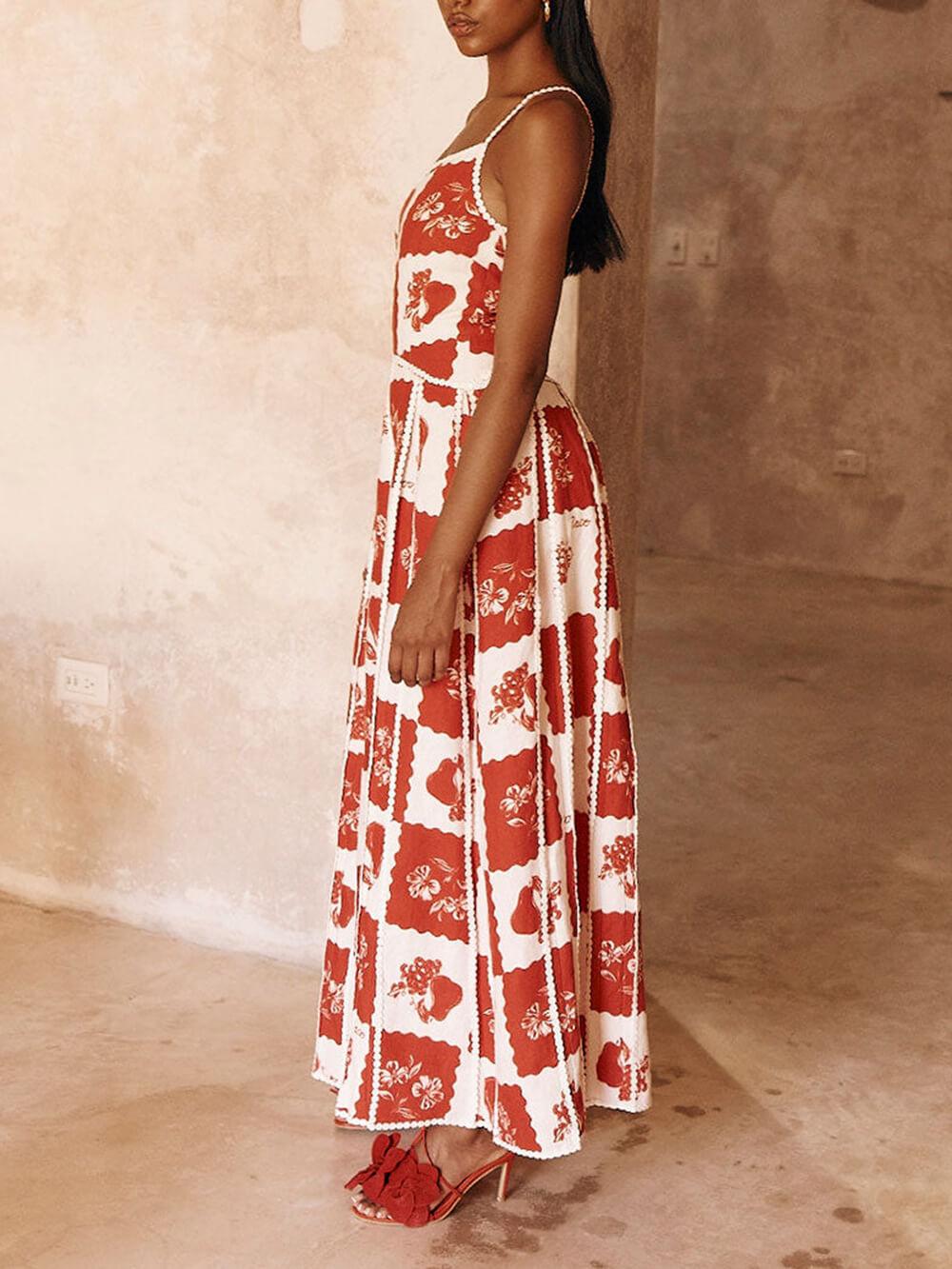 Unique Printed Floral Trim One Shoulder Flared Maxi Dress - Milafashion-se.com