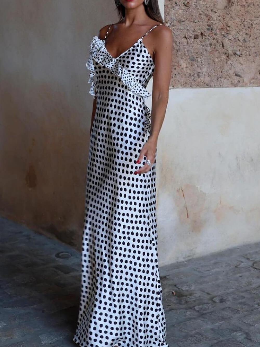 Polka Dot Print Fantasy Guipure Ruffled Suspender Maxi Dress - Milafashion-se.com