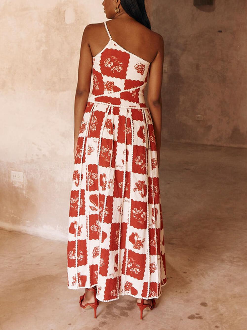 Unique Printed Floral Trim One Shoulder Flared Maxi Dress - Milafashion-se.com