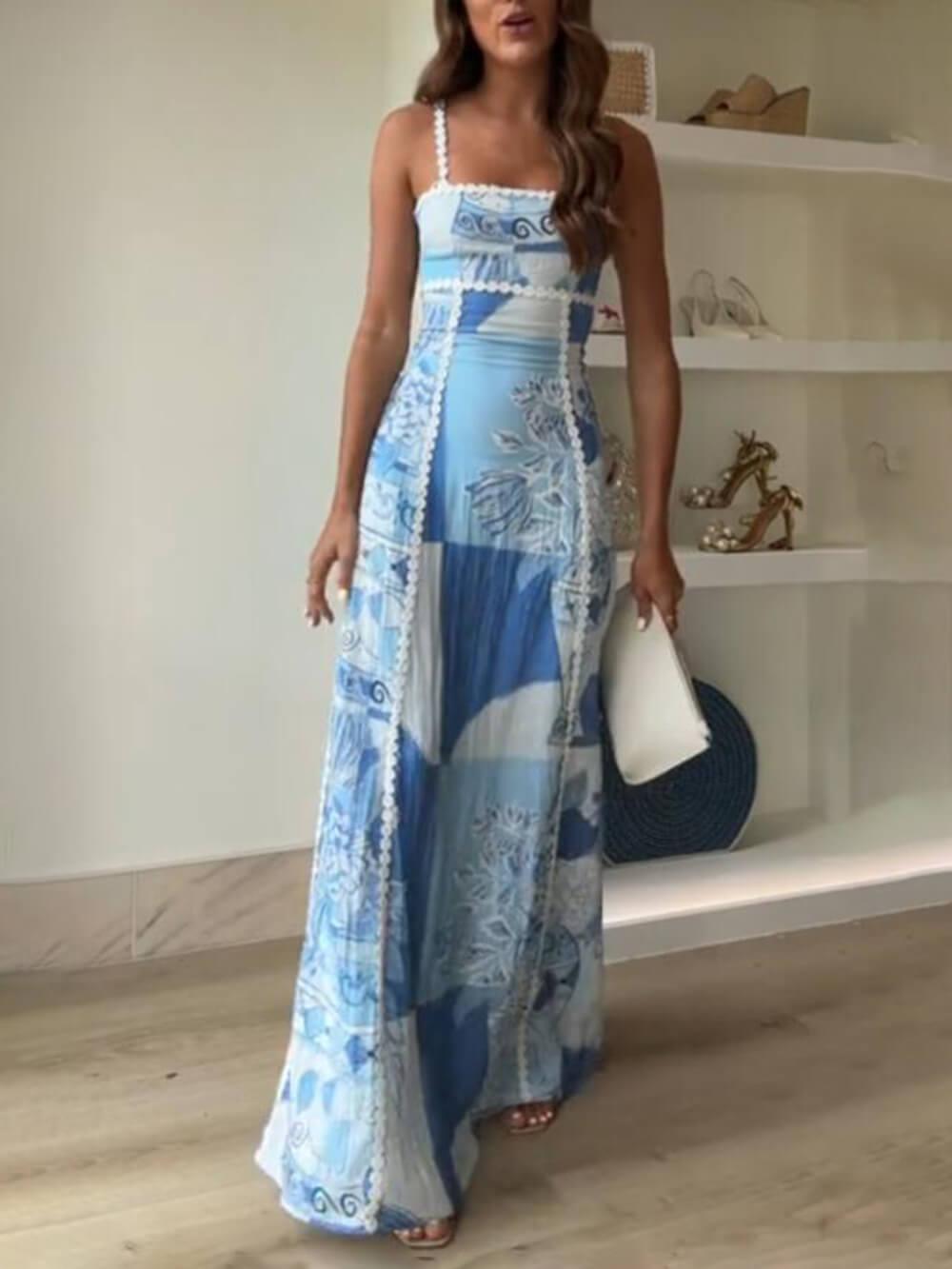 Halter Straps Lace Patchwork Printed Back Tie Halter Flare Maxi Dresses - Milafashion-se.com