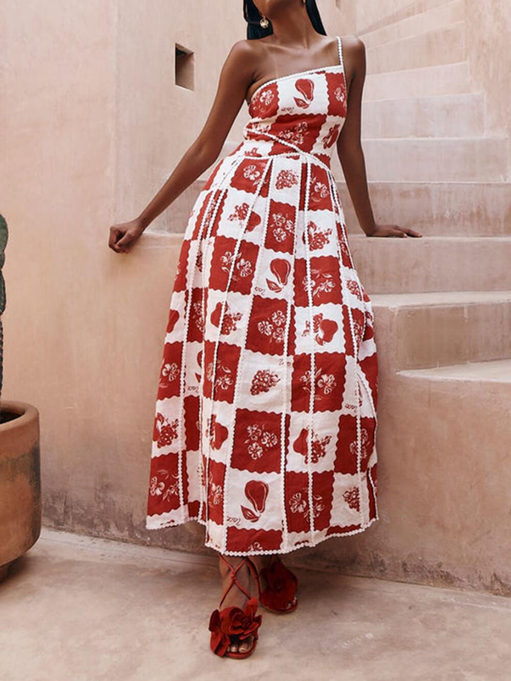 Unique Printed Floral Trim One Shoulder Flared Maxi Dress - Milafashion-se.com