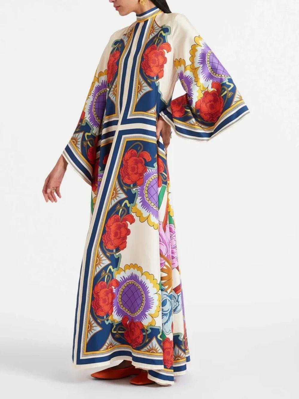 Exquisite Floral Print Draped Waterfall Sleeves Maxi Dress - Milafashion-se.com