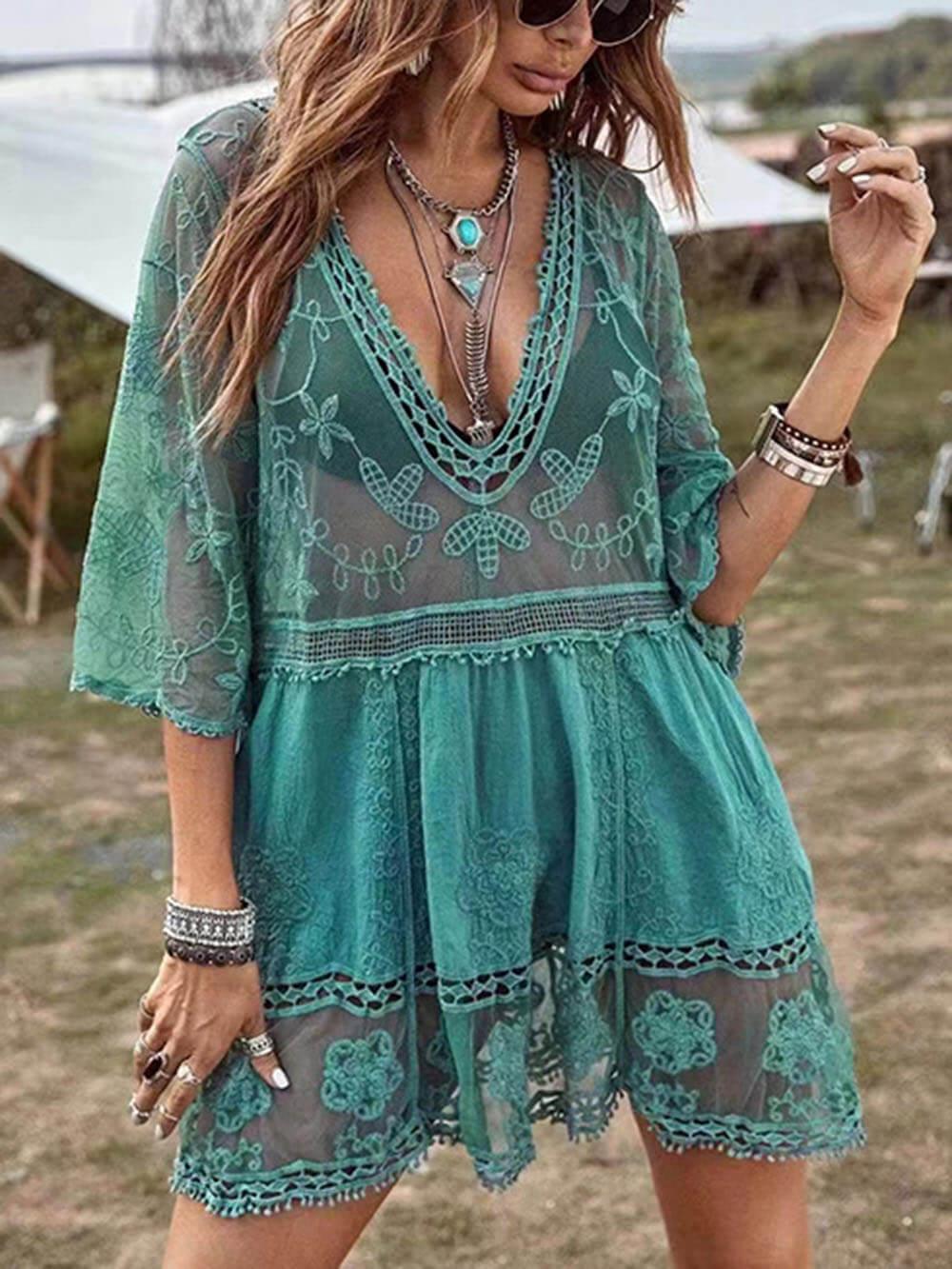Loose Lace Beach Vacation Bikini Cover-Up Dress - Milafashion-se.com