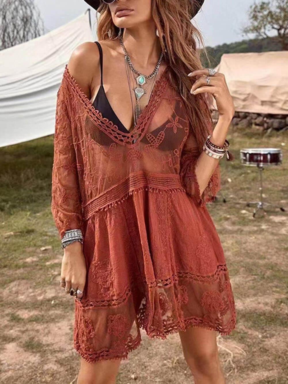 Loose Lace Beach Vacation Bikini Cover-Up Dress - Milafashion-se.com
