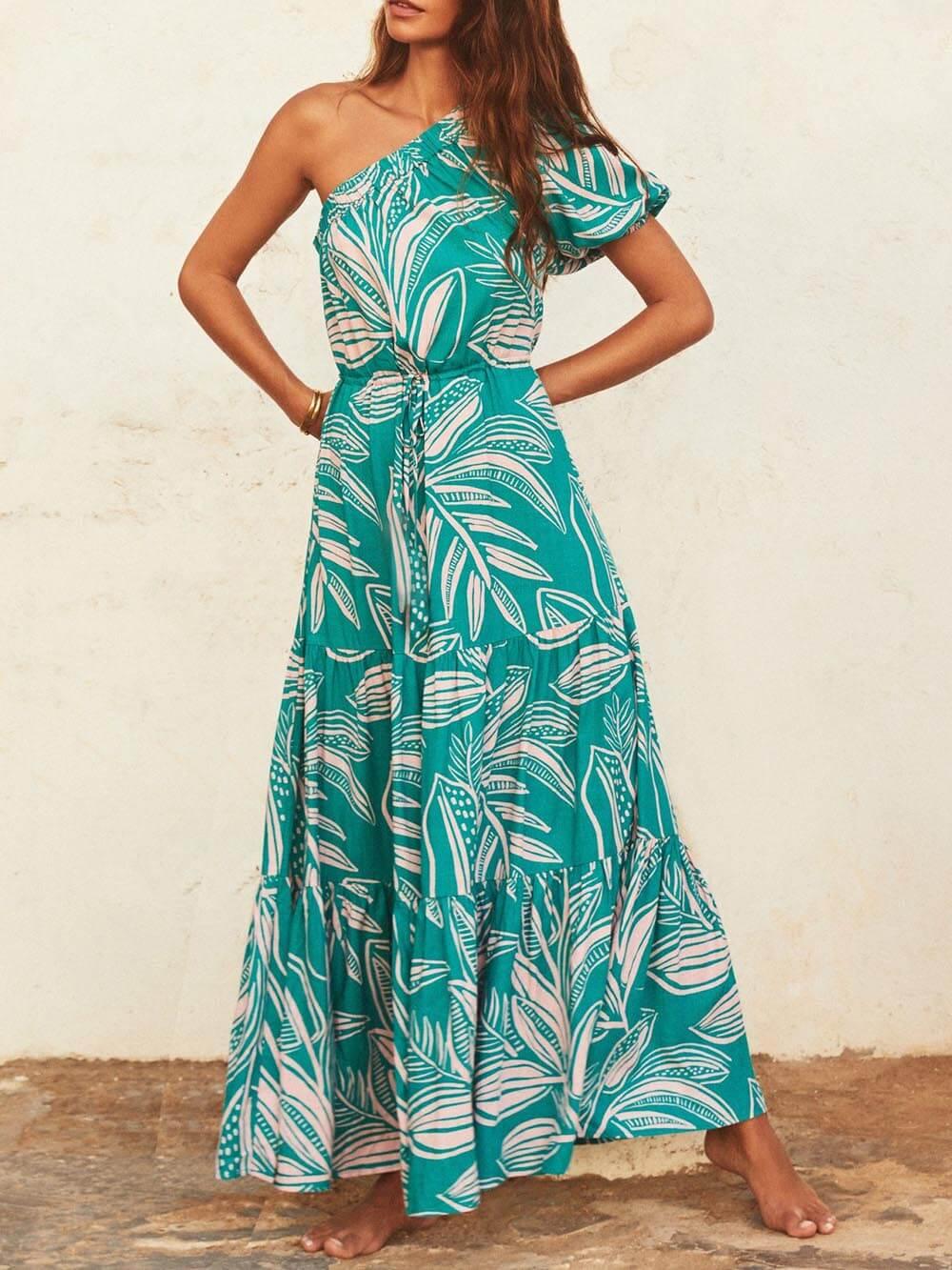 Off-Shoulder Palm Leaf Print Holiday Style Floral Dress - Milafashion-se.com