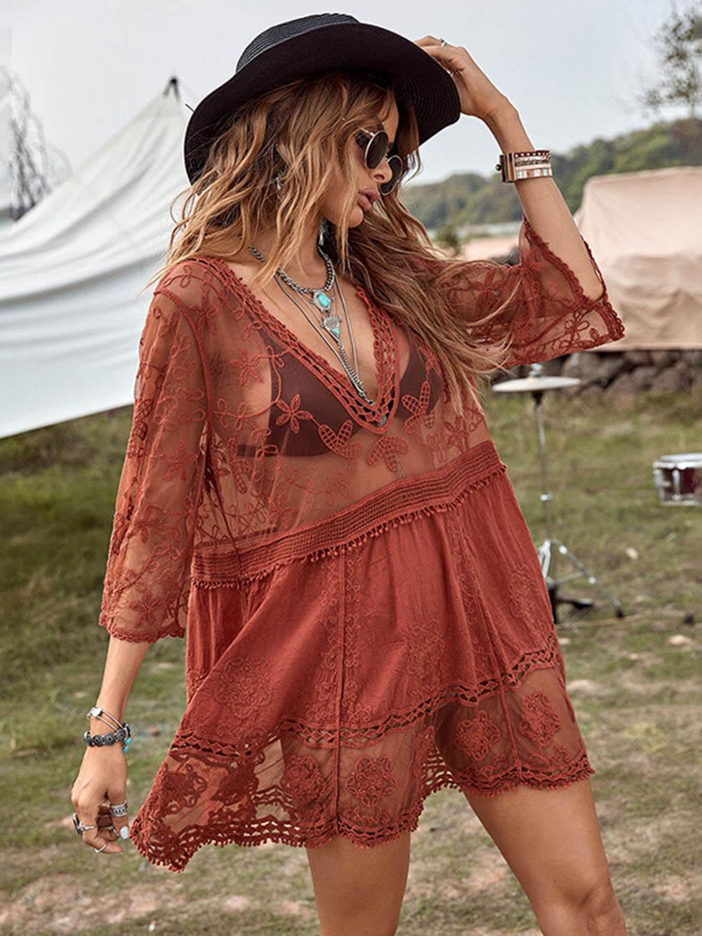 Loose Lace Beach Vacation Bikini Cover-Up Dress - Milafashion-se.com