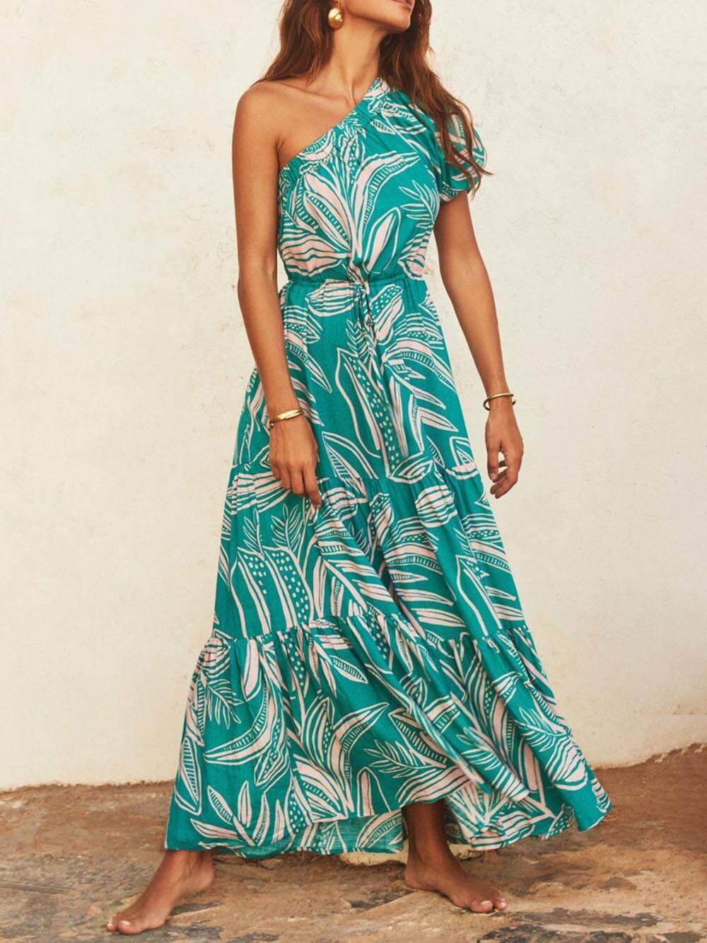 Off-Shoulder Palm Leaf Print Holiday Style Floral Dress - Milafashion-se.com