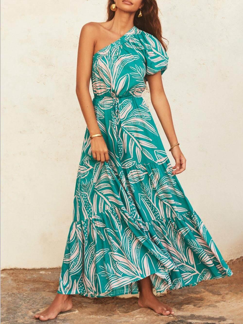 Off-Shoulder Palm Leaf Print Holiday Style Floral Dress - Milafashion-se.com