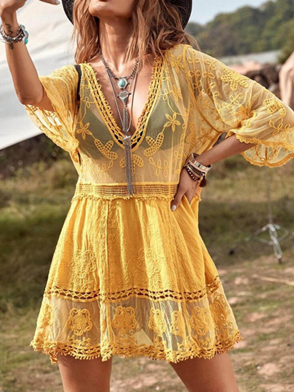Loose Lace Beach Vacation Bikini Cover-Up Dress - Milafashion-se.com