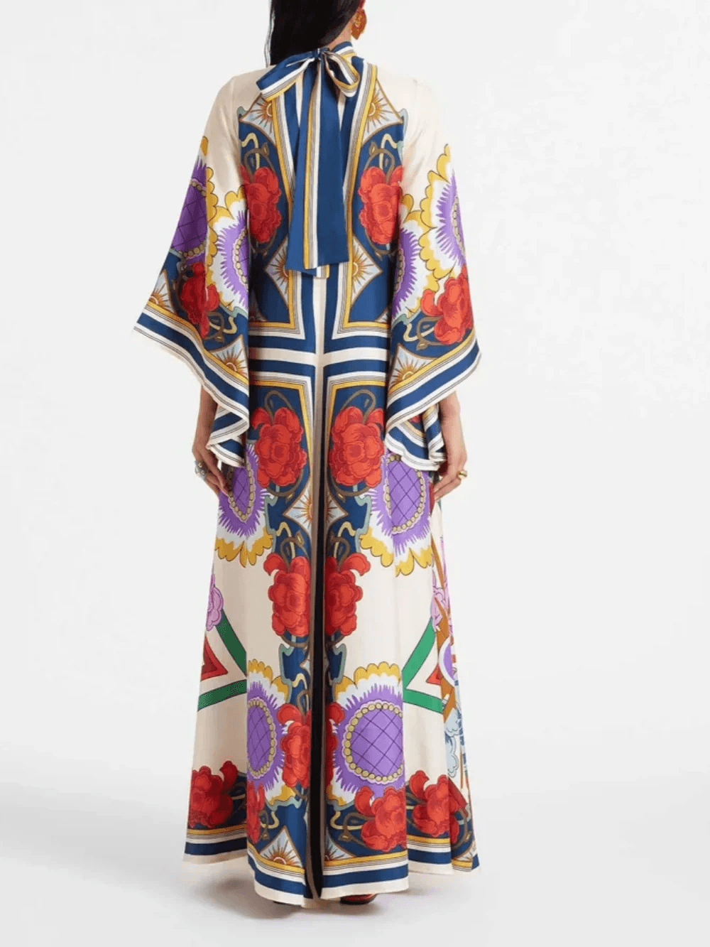 Exquisite Floral Print Draped Waterfall Sleeves Maxi Dress - Milafashion-se.com