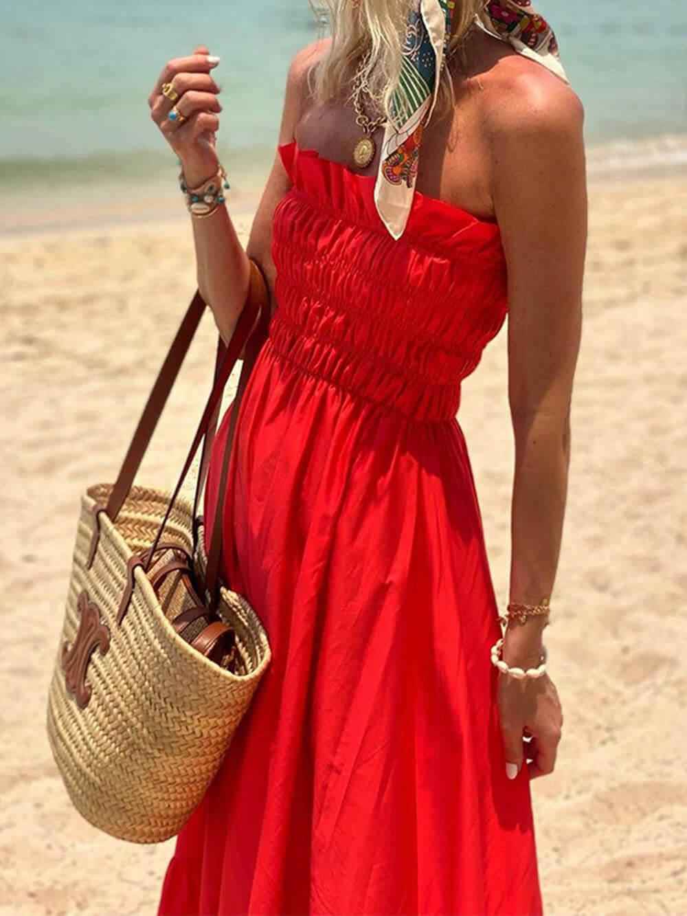 Off Shoulder Smocked Bust Vacation Maxi Dress - Milafashion-se.com
