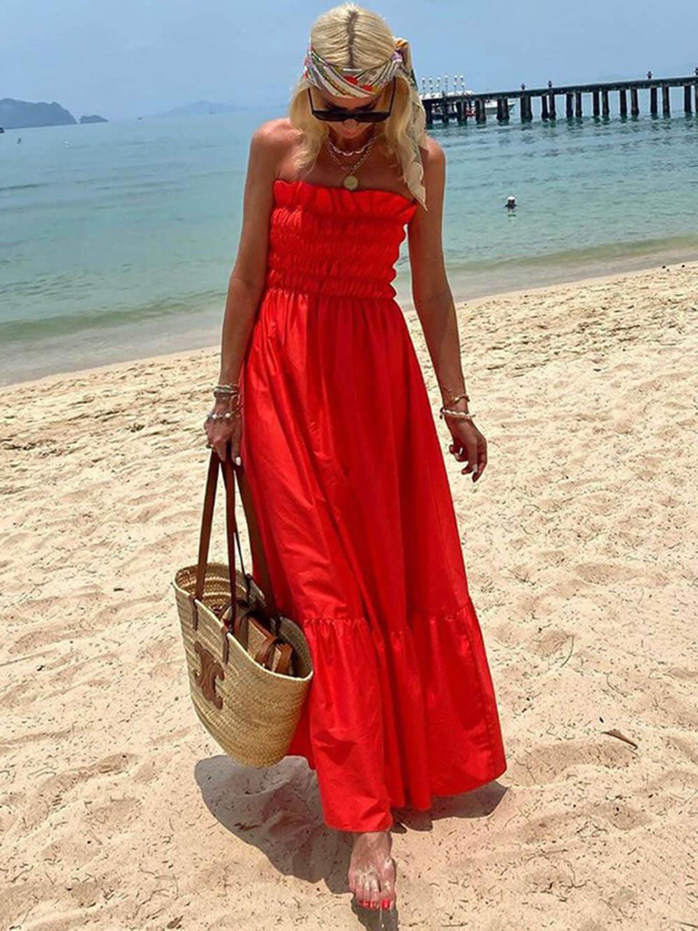 Off Shoulder Smocked Bust Vacation Maxi Dress - Milafashion-se.com