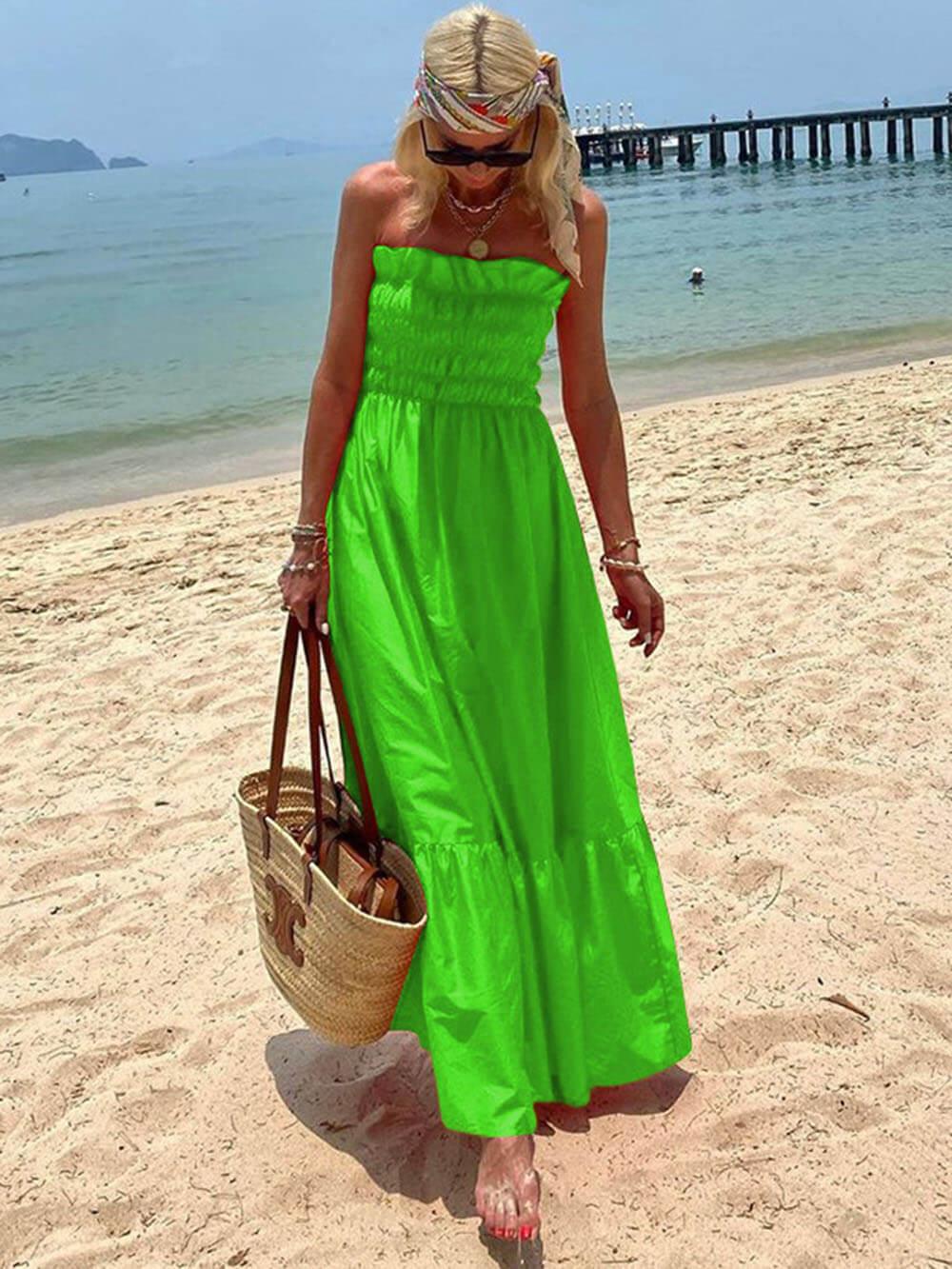 Off Shoulder Smocked Bust Vacation Maxi Dress - Milafashion-se.com