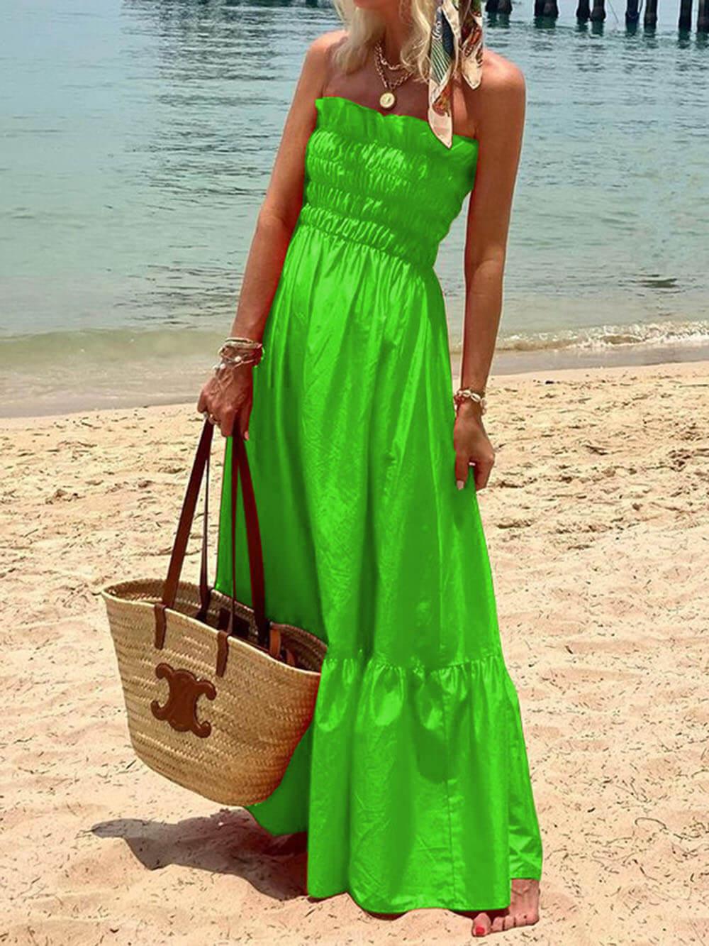 Off Shoulder Smocked Bust Vacation Maxi Dress - Milafashion-se.com