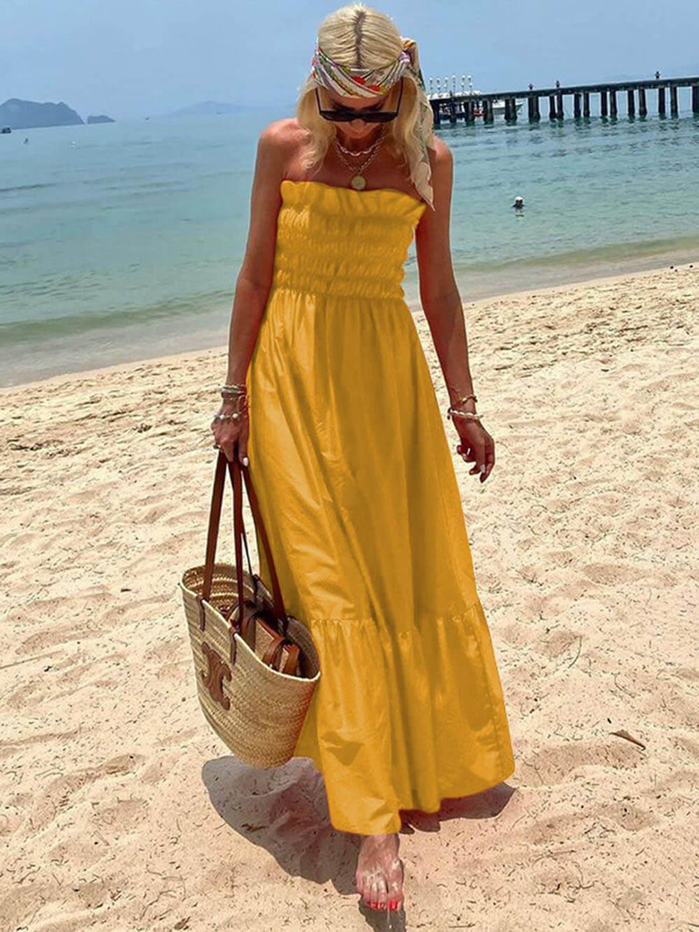 Off Shoulder Smocked Bust Vacation Maxi Dress - Milafashion-se.com