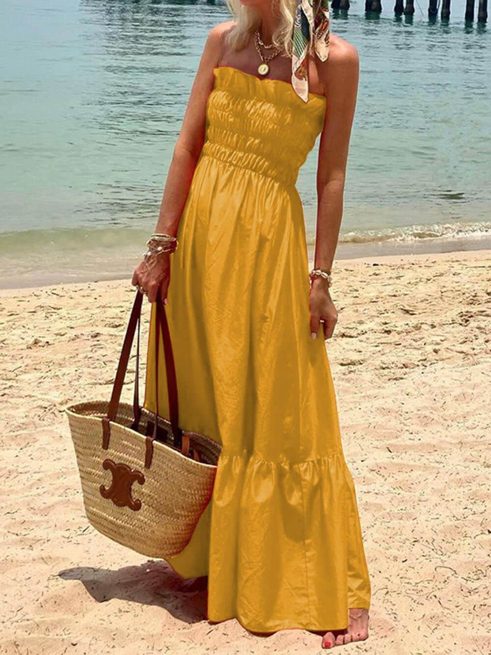 Off Shoulder Smocked Bust Vacation Maxi Dress - Milafashion-se.com